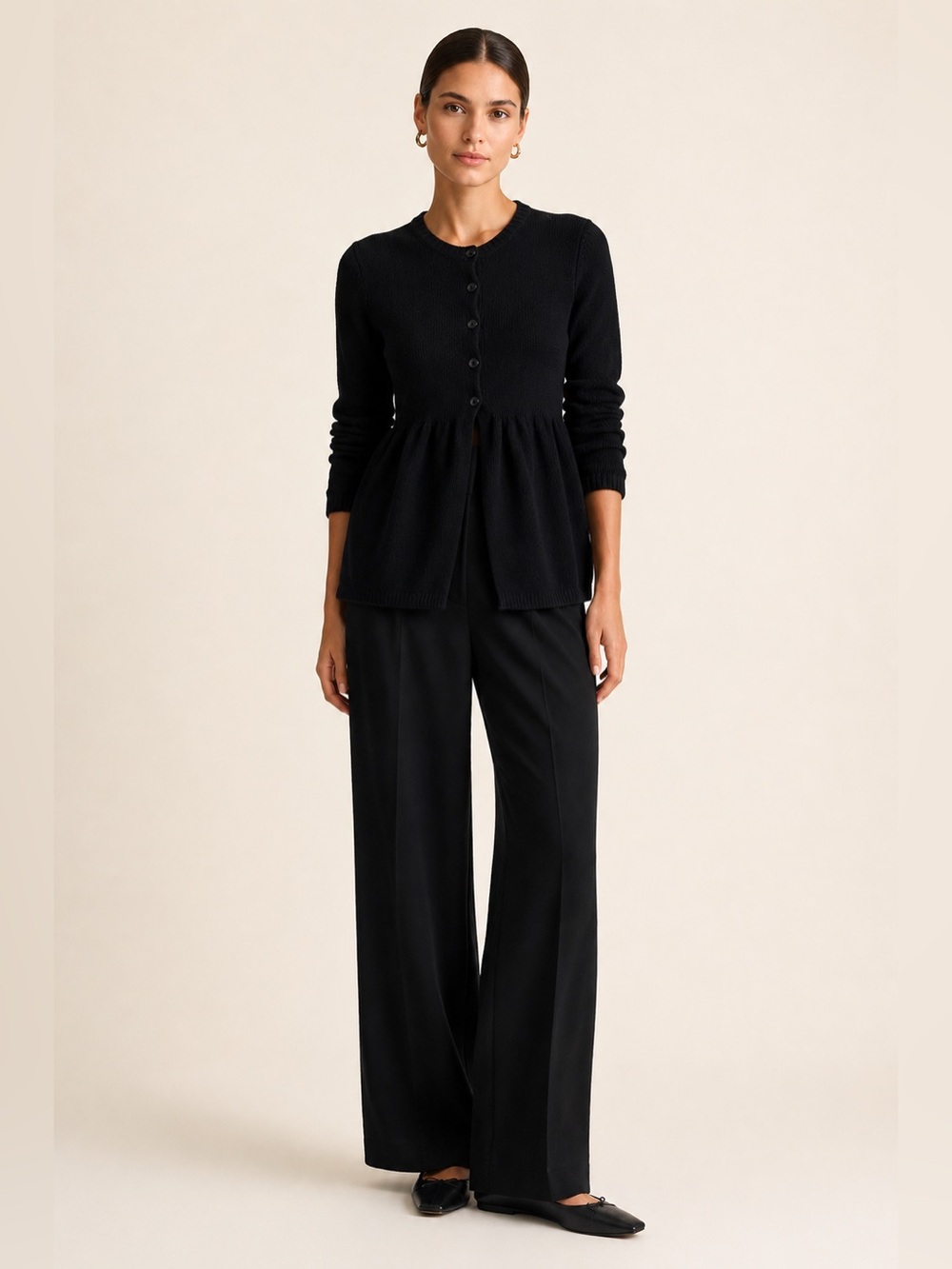 Vince Wool Blend long sleeve cardigan sweater with gathered body fabric in black